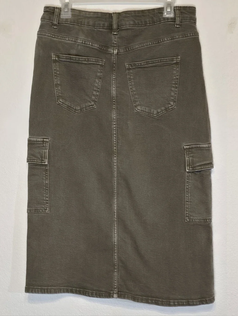 Michael Kors Olive Green Denim Cargo Midi Skirt Front Slit Size 8 - Picture 3 of 8